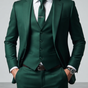 Emerald green 3 piece suit for men with matching waistcoat and tie