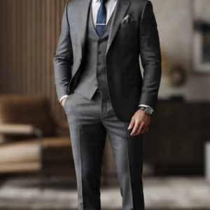 Premium charcoal gray three-piece suit for men with navy tie