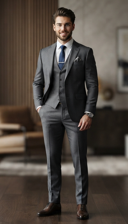 Premium charcoal gray three-piece suit for men with navy tie
