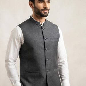 Men's charcoal grey waistcoat with band collar