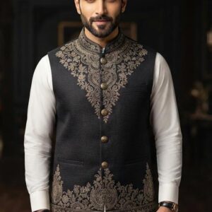 Men's black embroidered waistcoat with traditional floral embroidery