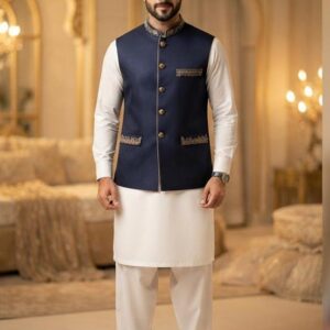 Men's Navy Blue Embroidered Waistcoat with White Shalwar Kameez