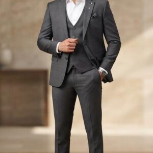 Men's charcoal grey 3 piece suit with tailored blazer, waistcoat and trousers