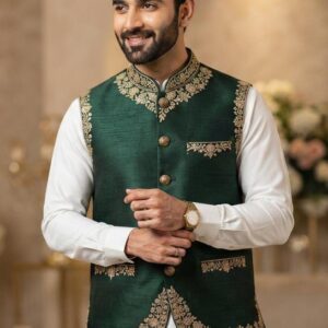 men's green embroidered waistcoat with gold embroidery