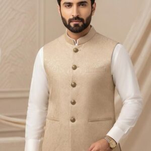 Men's beige embroidered waistcoat with white kurta