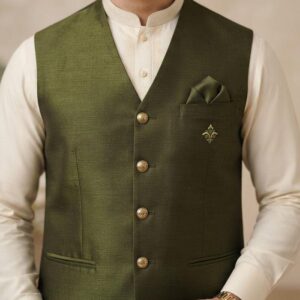 Olive green waistcoat for men with embroidered kurta