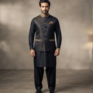 Black waistcoat for men with golden embroidery