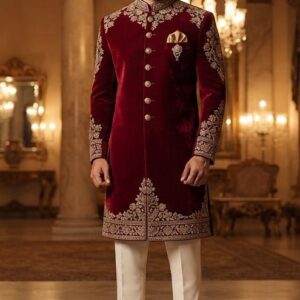 Maroon sherwani for men with gold embroidery